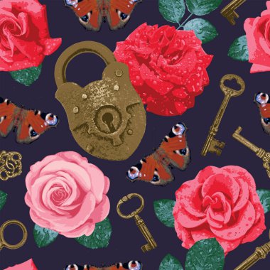 Güller, kelebekler, anahtarlar ve kilitlerle aşk temasının kusursuz bir örneği. Sevgililer Günü selamlaması için geçmişe dönük vektör arkaplanı. Duvar kağıdı, ambalaj kağıdı, kumaş