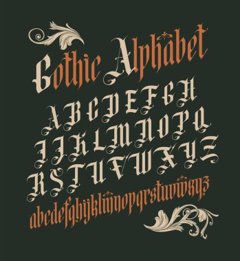 Gotik yazı tipi. İngiliz alfabesinin tüm büyük harfleri klasik tarzda. Ortaçağ Latince harfleri. Vektör kaligrafi ve harfler. Dövme, etiket, manşet, poster vs. için uygun.