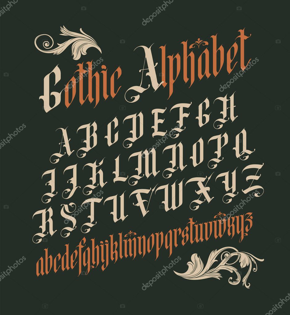 Gothic font. Full set of capital letters of the English alphabet in vintage style. Medieval Latin letters. Vector calligraphy and lettering. Suitable for tattoo, label, headline, poster, etc.