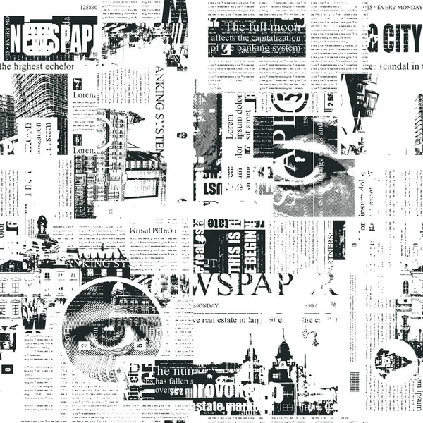 Abstract Seamless Pattern Newspaper Magazine Clippings Grunge Style Monochrome Vector — Vector de stock