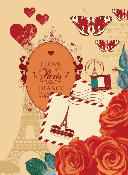 Vintage Postcard Banner Famous Eiffel Tower Butterflies Red Roses Envelope — 스톡 벡터