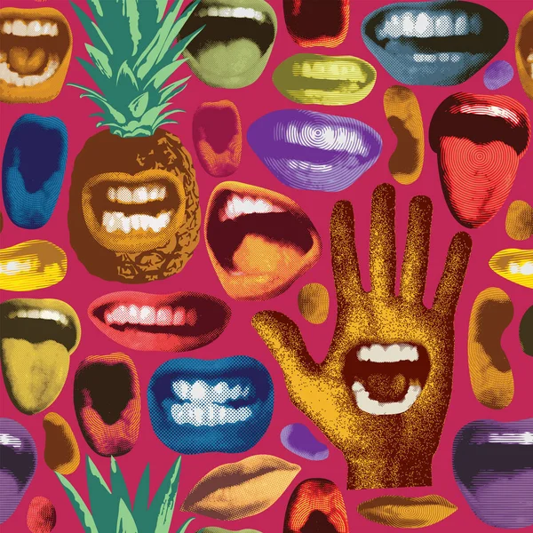 Abstract seamless pattern with grimasing pineapples, multicolored human mouths and palm hand. Bright vector background with laughing, angry, singing, screaming human mouths. Wallpaper, wrapping paper