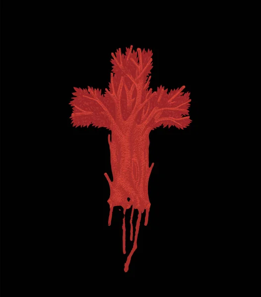 Concept Christian Cross Form Tree Hand Drawn Drops Jesus Blood — Stockvektor
