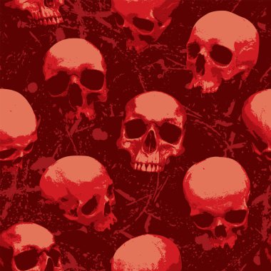 Seamless pattern with sinister red skulls looking out of the dark. Vector background with human skulls and blood drips in grunge style. Graphic print for wallpaper, wrapping paper, fabric, clothing