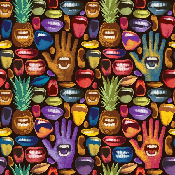 Abstract seamless pattern with grimasing pineapples, multicolored human mouths and palm hand. Bright vector background with laughing, angry, singing, screaming human mouths. Wallpaper, wrapping paper