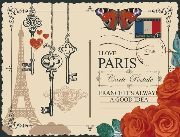 Vintage Postcard Famous Parisian Eiffel Tower France Vector Postcard Retro — Stockový vektor