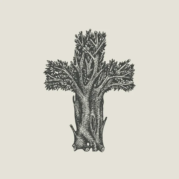 Concept Christian Cross Form Tree Hand Drawn Decorative Tree Shape — Vettoriale Stock