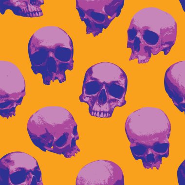 Seamless pattern with purple skulls on an orange backdrop. Creative vector background with realistic human skulls for Halloween party. Bright graphic print for wallpaper, wrapping paper, clothing