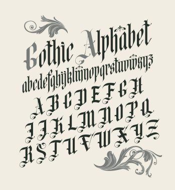 Gothic font. Full set of capital letters of the English alphabet in vintage style. Medieval Latin letters. Vector calligraphy and lettering. Suitable for tattoo, label, headline, poster