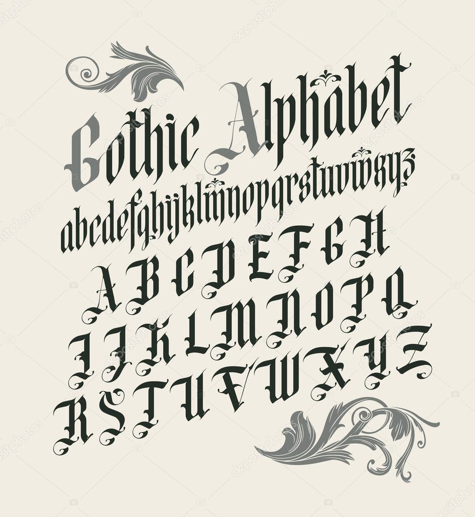Gothic font. Full set of capital letters of the English alphabet in vintage style. Medieval Latin letters. Vector calligraphy and lettering. Suitable for tattoo, label, headline, poster