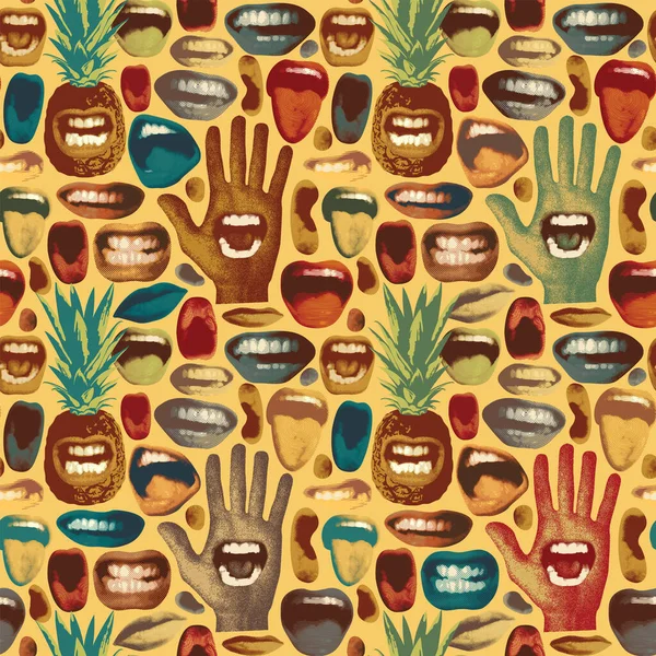 Abstract Seamless Pattern Grimasing Pineapples Multicolored Human Mouths Palm Hand — Vetor de Stock