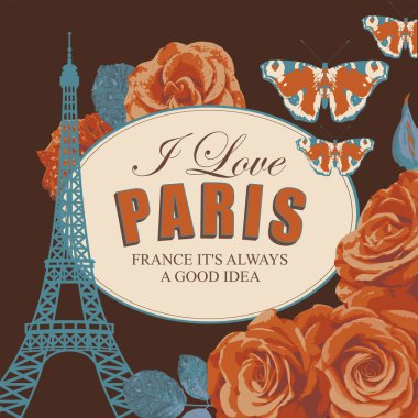 French travel banner or postcard with the famous Eiffel Tower, beautiful roses and butterflies on a dark background. Vector illustration with the words I love Paris in an oval frame in vintage style