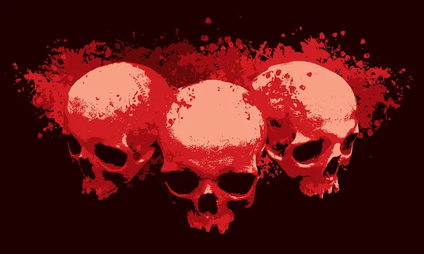 Три Людські Черепи Червоними Плямами Крові Бризками Графічний Принт Одягу — стоковий вектор