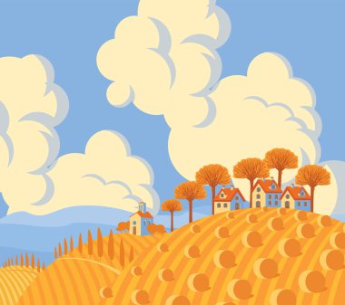 samanlıklar ve köy evleri, ufukta dağlar ve gökyüzünde bulutlar ile buğday tarlası ile vektör sonbahar manzara