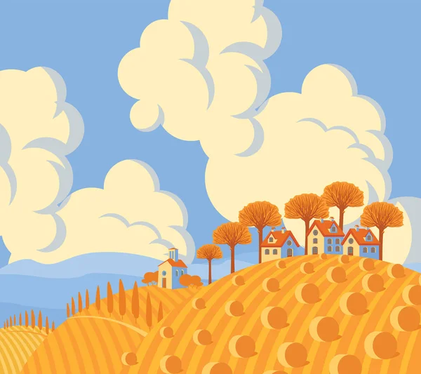 Vector Otoño Paisaje Con Campo Trigo Con Pajar Casas Pueblo — Vector de stock