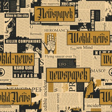 seamless pattern with a collage of newspaper clippings. Abstract background with unreadable text, titles and illustrations. Wallpaper, wrapping paper or fabric design in retro style