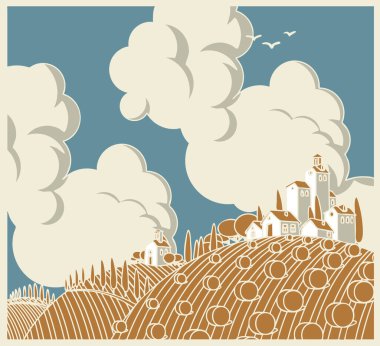 vector autumn landscape with village and fields with haystacks and clouds. Decorative vector illustration in autumn yellow and orange colors in cartoon style