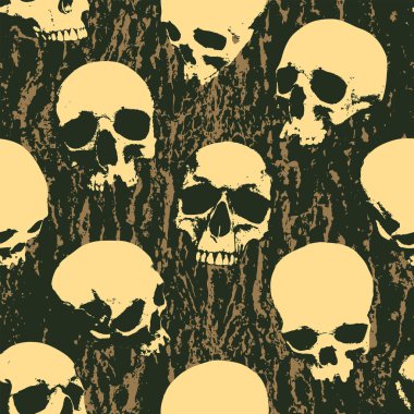 Seamless pattern with sinister human skulls on background of stone texture. Monochrome vector background with realistic skulls and paint spots in grunge style. Graphic print for wallpaper, wrappin