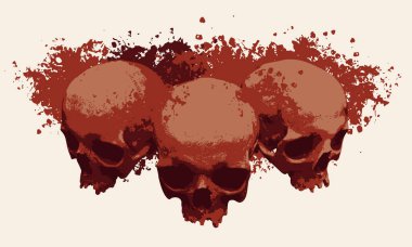 Üç insan kafatasında kırmızı kan lekeleri ve lekeler var. Giysiler, kumaş, duvar kağıdı, ambalaj kağıdı, Cadılar Bayramı partisi için tasarım ögesi