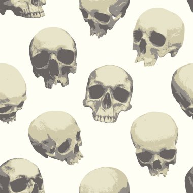 Seamless pattern with realistic human skulls on a light backdrop. Vector background with sinister skulls with empty eye sockets. Graphic print for wallpaper, wrapping paper, fabric or fashion design