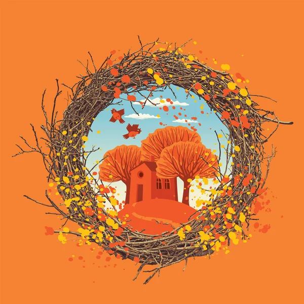 Vector Fall Banner Wreath Tree Branches Fall Leaves Retro Style — Stock Vector