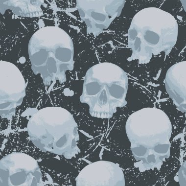 Seamless pattern with sinister human skulls in cobweb. Monochrome vector background with realistic skulls and paint spots in grunge style. Graphic print for wallpaper, wrapping paper, fabric, clothing