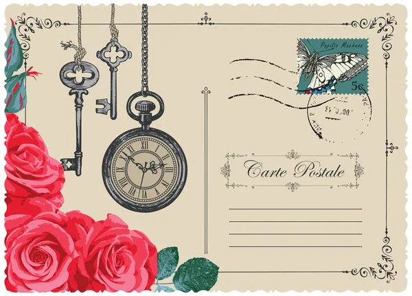 Vintage Postcard Beautiful Roses Hanging Clock Old Keys Postage Stamp — Stockvector