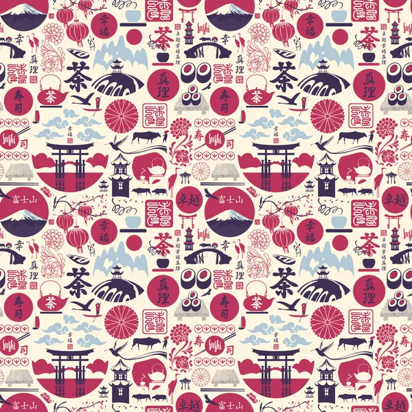 Japonya temasında kusursuz bir desen var. Japon hiyerogliflerinden çeviri: suşi, çay, mükemmellik, mutluluk, doğruluk, Japon postası. Tekrarlayan arkaplan, duvar kağıdı, ambalaj kağıdı, kumaş