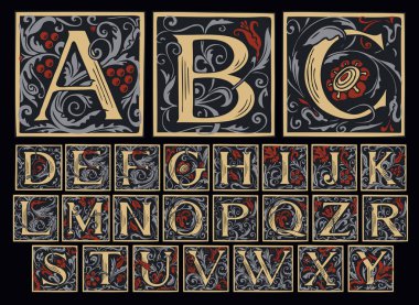 Vintage Alphabet, vector set of hand-drawn ornate initial alphabet letters on a light background. Luxury design of Beautiful royal font for card, invitation, monogram, label, logo clipart