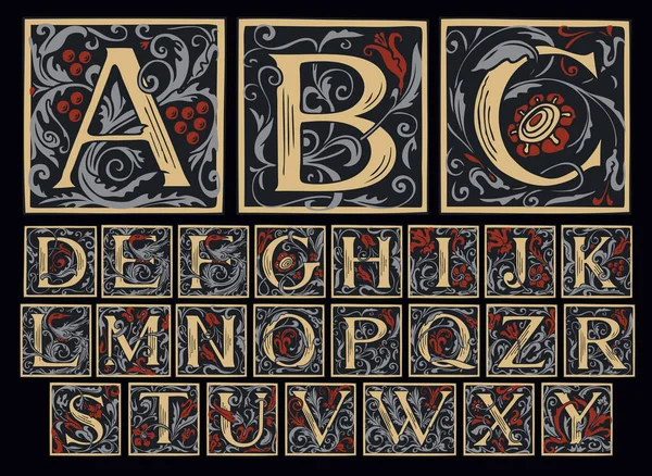 Vintage Alphabet Conjunto Vectorial Letras Iniciales Ornamentadas Dibujadas Mano Sobre — Vector de stock