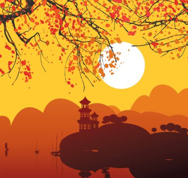 Çin ya da Japon sonbahar manzarası, günbatımında tekneleri ve dalları ile gölde bir pagoda ile günbatımında ağaç dalları.