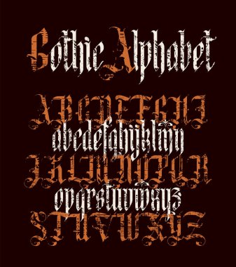 Gothic font. Full set of capital letters and small of the English alphabet in vintage stylewith damaged and scratched elements. Medieval Latin letters. Vector calligraphy and lettering.