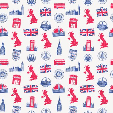 İngiltere ve Londra 'da İngiliz sembolleri, cazibeleri ve Birleşik Krallık bayrağı eşliğinde kusursuz bir şablon. Arkaplan, duvar kağıdı, ambalaj kağıdı, kumaş, tekstil için uygun