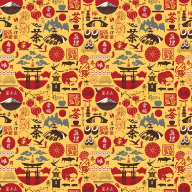 Japonya temasında kusursuz bir desen var. Tekrarlayan arka plan, duvar kağıdı, ambalaj kağıdı, kumaş. Japon hiyerogliflerinden çeviri: Suşi, Çay, Mükemmellik, Mutluluk, Gerçek, Japonya Posta