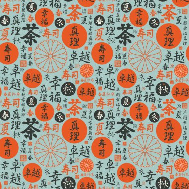 Japon ya da Çin hiyeroglifleri, Suşi, Çay, Mükemmellik, Mutluluk, Hakikat, Bahar, Yaz, Sonbahar, Kış ve Gri bir zemin. Vektör arkaplanı, duvar kağıdı, ambalaj kağıdı, kumaş