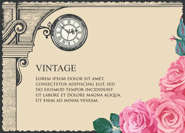 Fundo Vintage Com Relógio Rua Desenhado Mão Arco Medieval Belas — Vetor de Stock