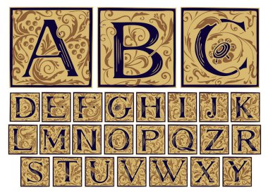Vintage Alphabet, vector set of hand-drawn ornate initial alphabet letters on a light background. Luxury design of Beautiful royal font for card, invitation, monogram, label, logo clipart
