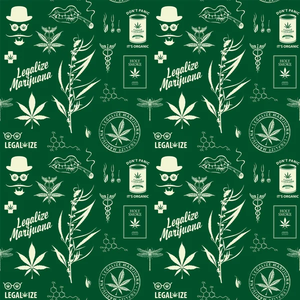 Vector Seamless Pattern Retro Style Theme Marijuana Legalization Repeating Background — Stockvektor