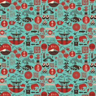 Japonya temasında dekoratif, pürüzsüz desen. Japon hiyerogliflerinden çeviri: suşi, çay, mükemmellik, mutluluk, doğruluk, Japon postası. Vektör arkaplanı, duvar kağıdı, ambalaj kağıdı veya kumaş