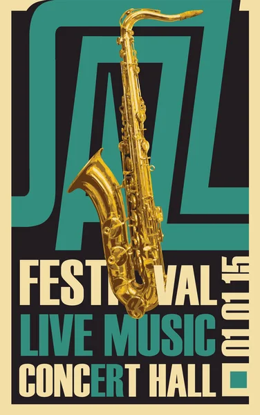 Векторний Плакат Джазового Музичного Фестивалю Концерту Живої Музики Золотим Саксофоном — стоковий вектор