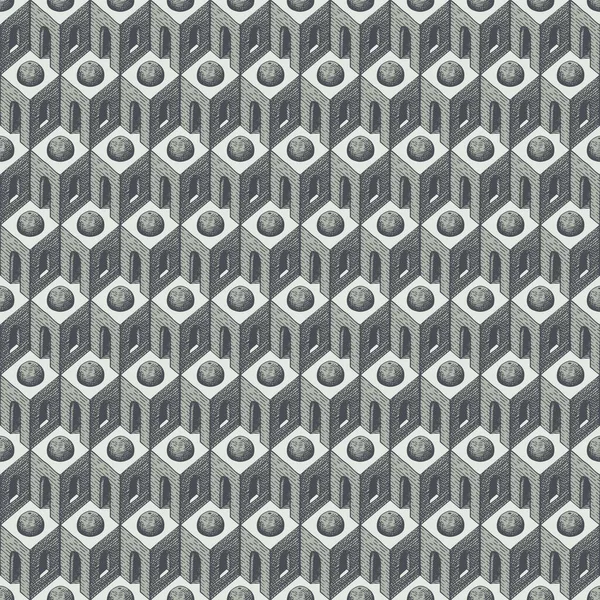 建築要素の鉛筆画でシームレスなパターン 抽象ベクトルテクスチャ 壁紙に適して 包装紙 手描き幾何学的背景 — ストックベクタ