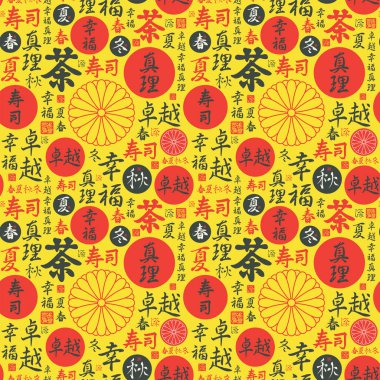 Japon ya da Çin hiyeroglifleri, suşi, çay, mükemmellik, mutluluk, doğruluk, bahar, yaz, sonbahar, kış. Vektör yineleyici arkaplan, duvar kağıdı, ambalaj kağıdı veya kumaş tasarımı
