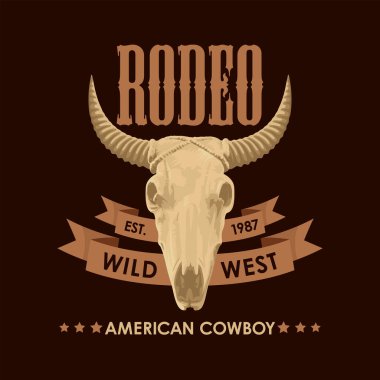 Cowboy Rodeo gösterisi için pankart. Boğa kafatasıyla vektör illüstrasyonu ve eski tarzda harfler. Poster, etiket, broşür, davetiye, tişört tasarımı için uygun