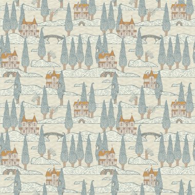 Eski evler, ağaçlar, adalar ve arkaplanda dalgalı şekilli köprüler olan karikatür desenleri. Çocuksu duvar kağıdı, ambalaj kağıdı, kumaş. Düz biçimli dekoratif vektör arkaplanı