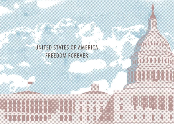 프리덤 Freedom 이라는 단어와 워싱턴 국회의 건물의 이미지가 새겨진 깃발이나 — 스톡 벡터