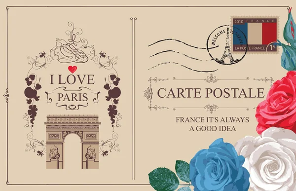 复古明信片与著名的凯旋哈尔拱门在巴黎 印有法国地标 橡皮图章和我爱巴黎和法国国旗玫瑰字样的老式明信片 — 图库矢量图片