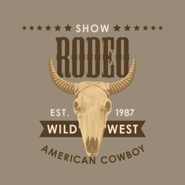 Cowboy Rodeo gösterisi için pankart. Boğa kafatasıyla vektör illüstrasyonu ve eski tarzda harfler. Poster, etiket, broşür, davetiye, tişört tasarımı için uygun
