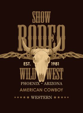 Cowboy Rodeo gösterisi için pankart. Boğa kafatasıyla vektör illüstrasyonu ve eski tarzda harfler. Poster, etiket, broşür, davetiye, tişört tasarımı için uygun