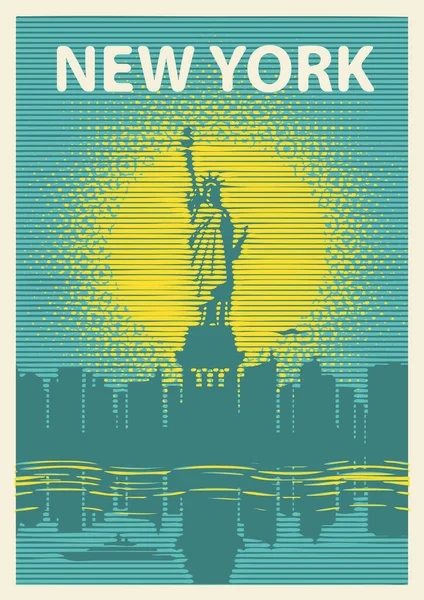 Poster Met Het Vrijheidsbeeld Achtergrond Van New York Zon Retro — Stockvector