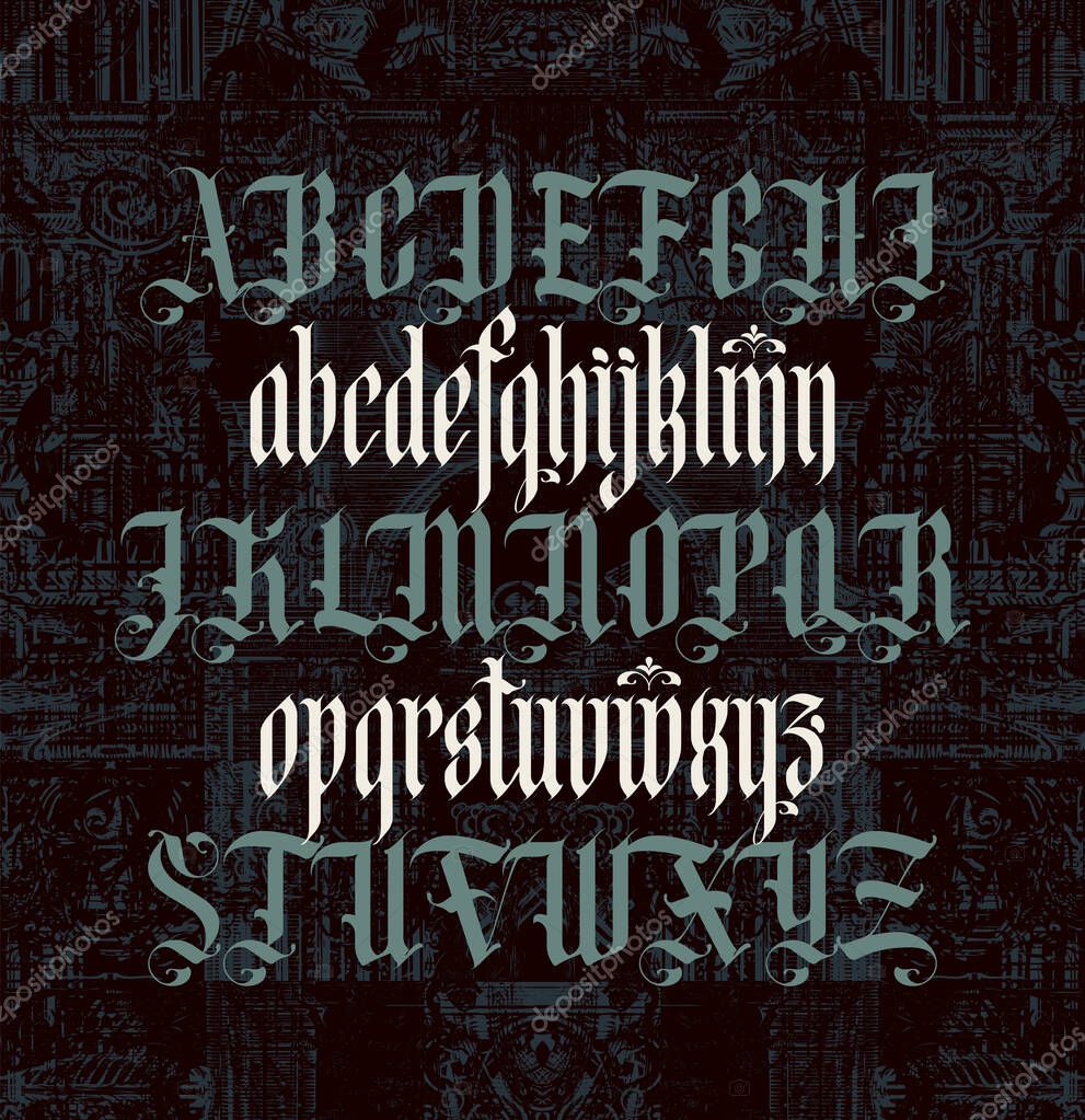 Gothic font. Full set of capital letters and small of the English alphabet in vintage style. Medieval Latin letters. Vector calligraphy and lettering.